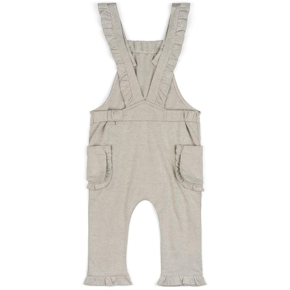 Ruffle Overall in the Organic Cotton and Bamboo Grey Pinstripe Fabric by Milkbarn Kids