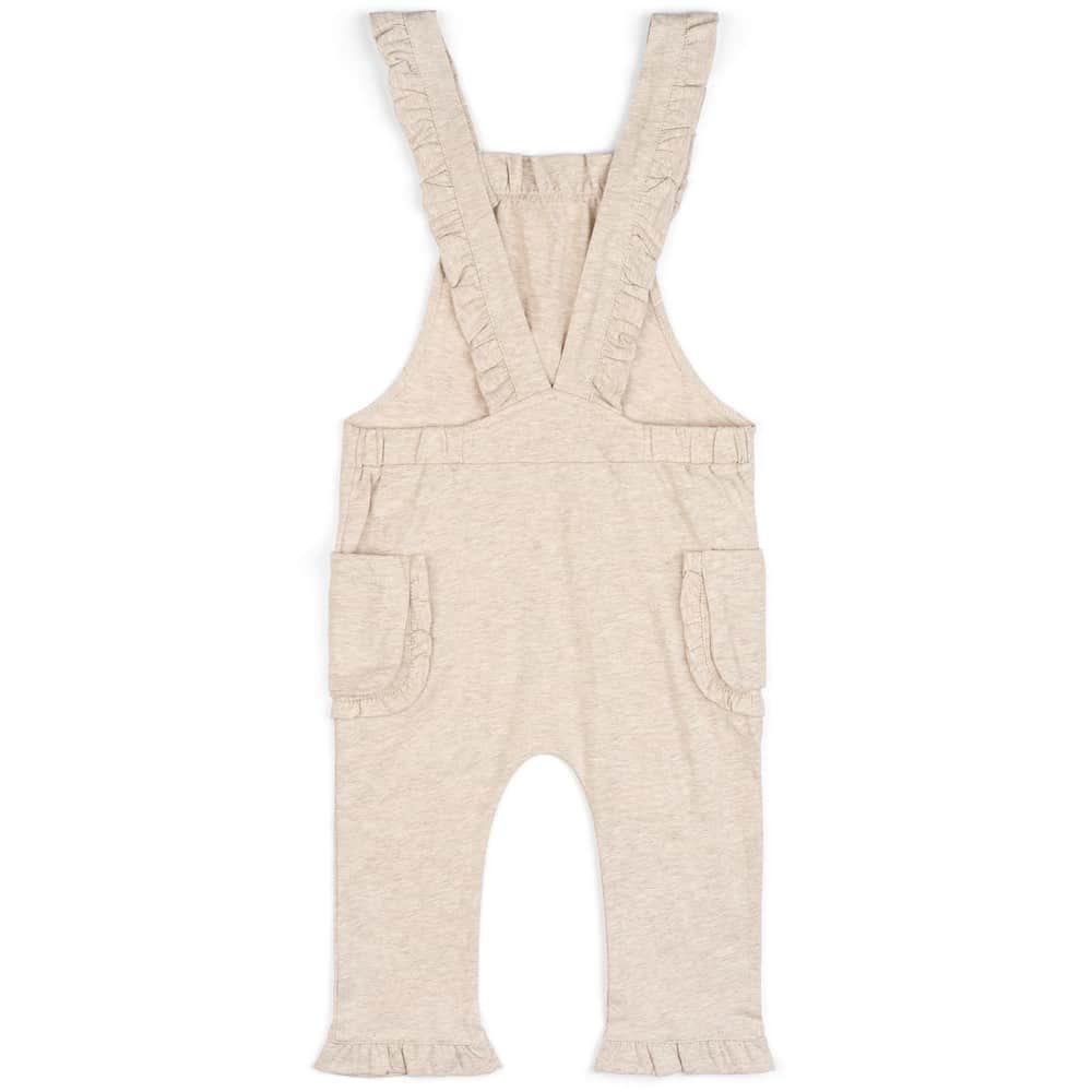 Ruffle Overall in the Organic Cotton Heathered Oatmeal Fabric by Milkbarn Kids