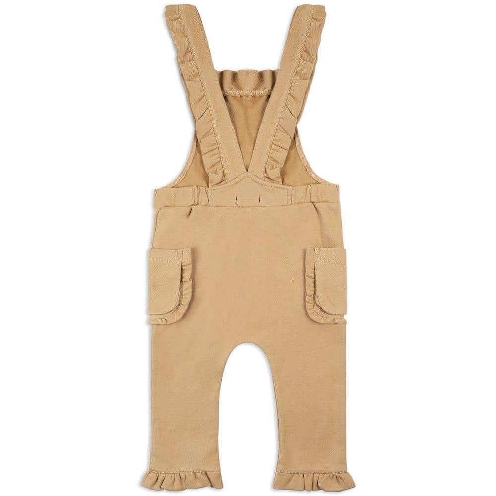 Ruffle Overall in the Organic Cotton and Recycled Polyester Rust Denim Fabric by Milkbarn Kids