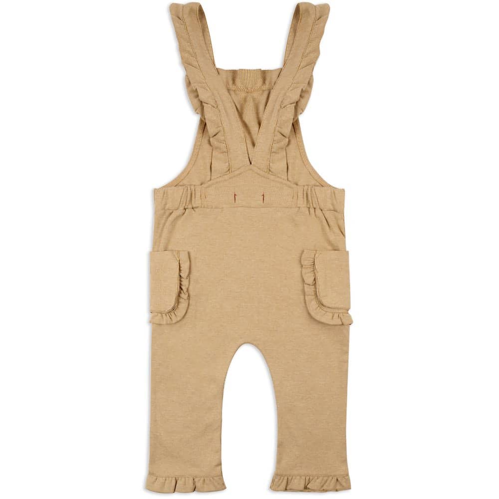 Ruffle Overall in the Organic Cotton and Bamboo Blend Rust Pinstripe Fabric by Milkbarn Kids (Backside)