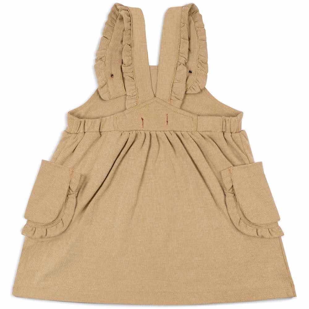 Baby or Child's Ruffle Dress Overalls in the Organic Cotton and Bamboo Blend Rust Colored Pinstripe Fabric by Milkbarn Kids (Backside)