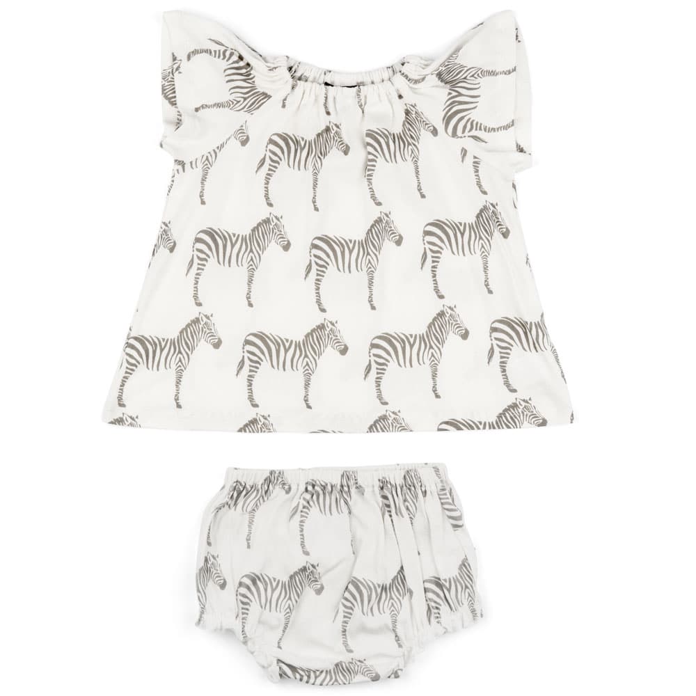 White Baby Girl Organic Cotton Dress and Bloomers with the Grey Zebra Wildlife Print by Milkbarn Kids
