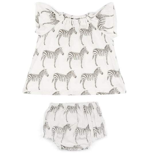 White Baby Girl Organic Cotton Dress and Bloomers with the Grey Zebra Wildlife Print by Milkbarn Kids