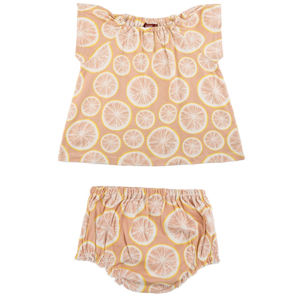 Muted Orange Baby Girl Organic Cotton Dress and Bloomers with the Grapefruit Citrus Print by Milkbarn Kids