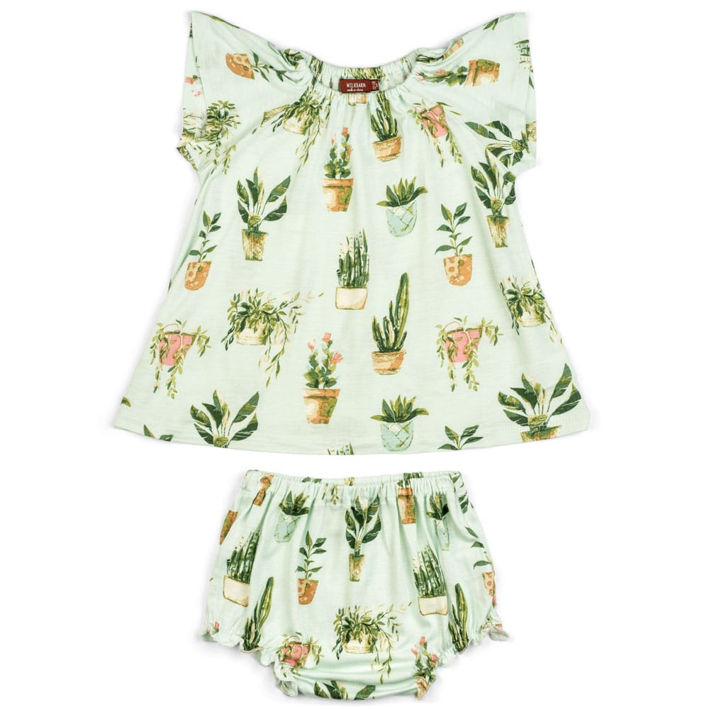 Mint or Light Green Baby Girl Bamboo Dress and Bloomers with the Potted Plants and Succulents Print by Milkbarn Kids