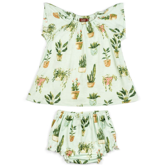 Mint or Light Green Baby Girl Bamboo Dress and Bloomers with the Potted Plants and Succulents Print by Milkbarn Kids