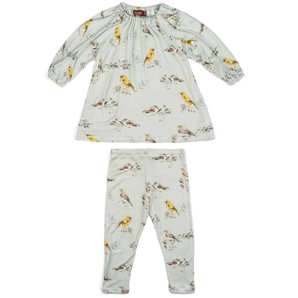 Light or Pale Blue Baby Girl Bamboo Dress and Leggings with the Blue Bird Print by Milkbarn Kids