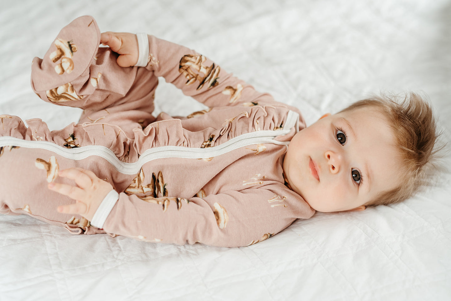 Mushroom Organic Cotton Ruffle Footed Romper