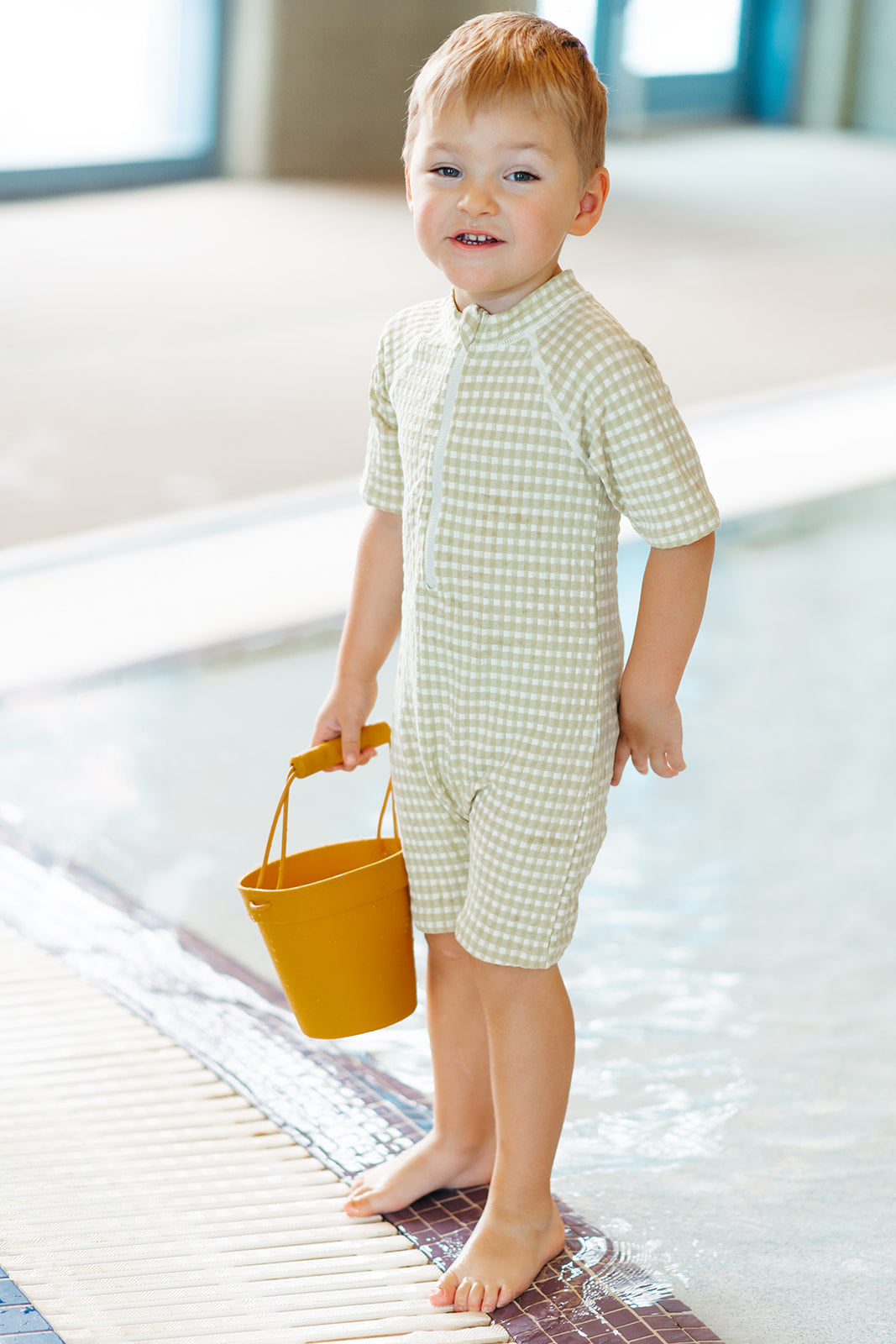 Green Gingham Zipper Shortall Swimsuit