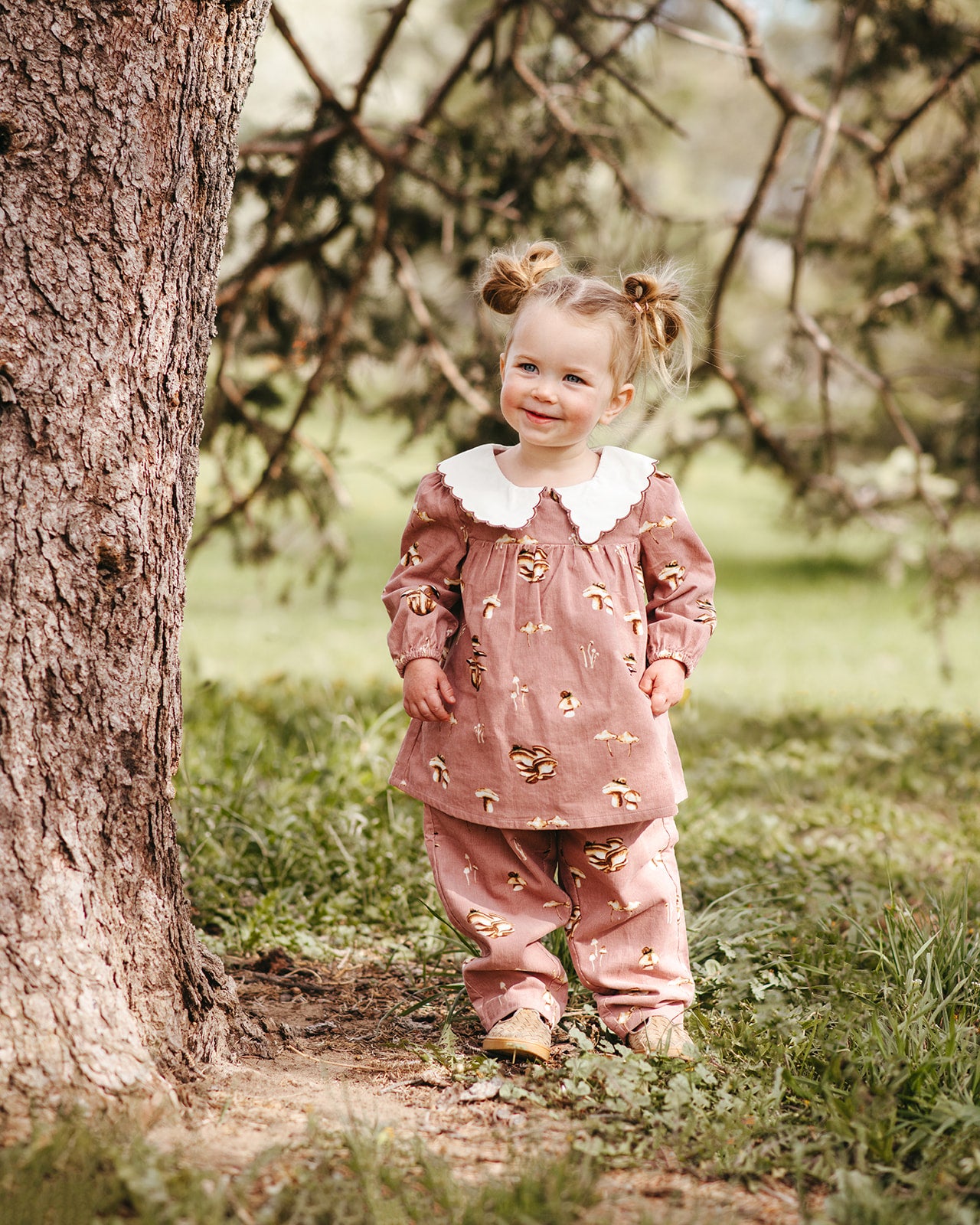 Mushroom Corduroy Long Sleeve Collared Dress