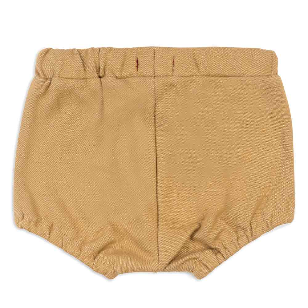 Baby Boy Pocket Bloomer with Drawstring in Rust Denim Fabric in an Organic Cotton and Recycled Polyester Blend by Milkbarn Kids Backside