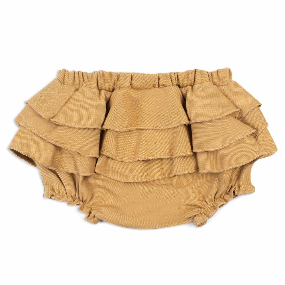 Baby Girl Ruffle Bloomer in the Organic Cotton and Recycled Polyester Rust Denim Blend by Milkbarn Kids (Backside)