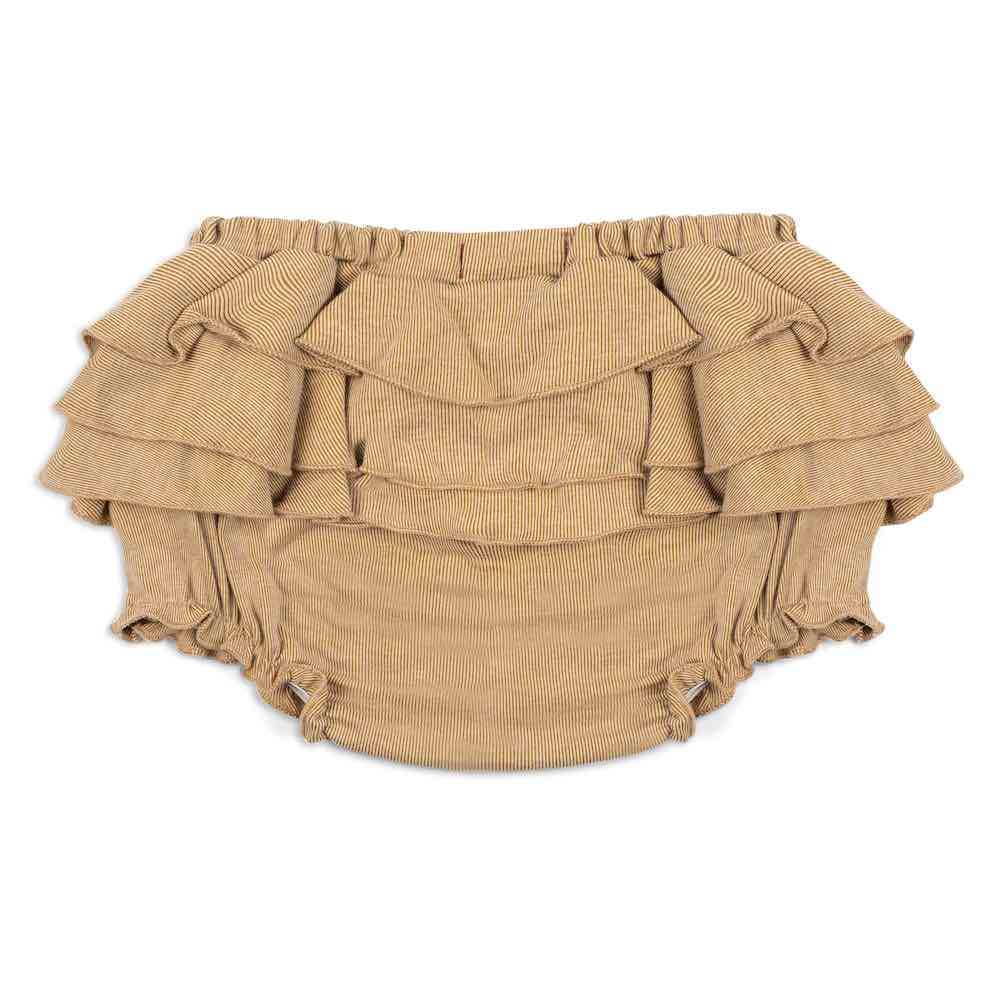 Baby Girl Ruffle Bloomer in the Organic Cotton and Bamboo Rust Pinstripe Blend by Milkbarn Kids (Backside)