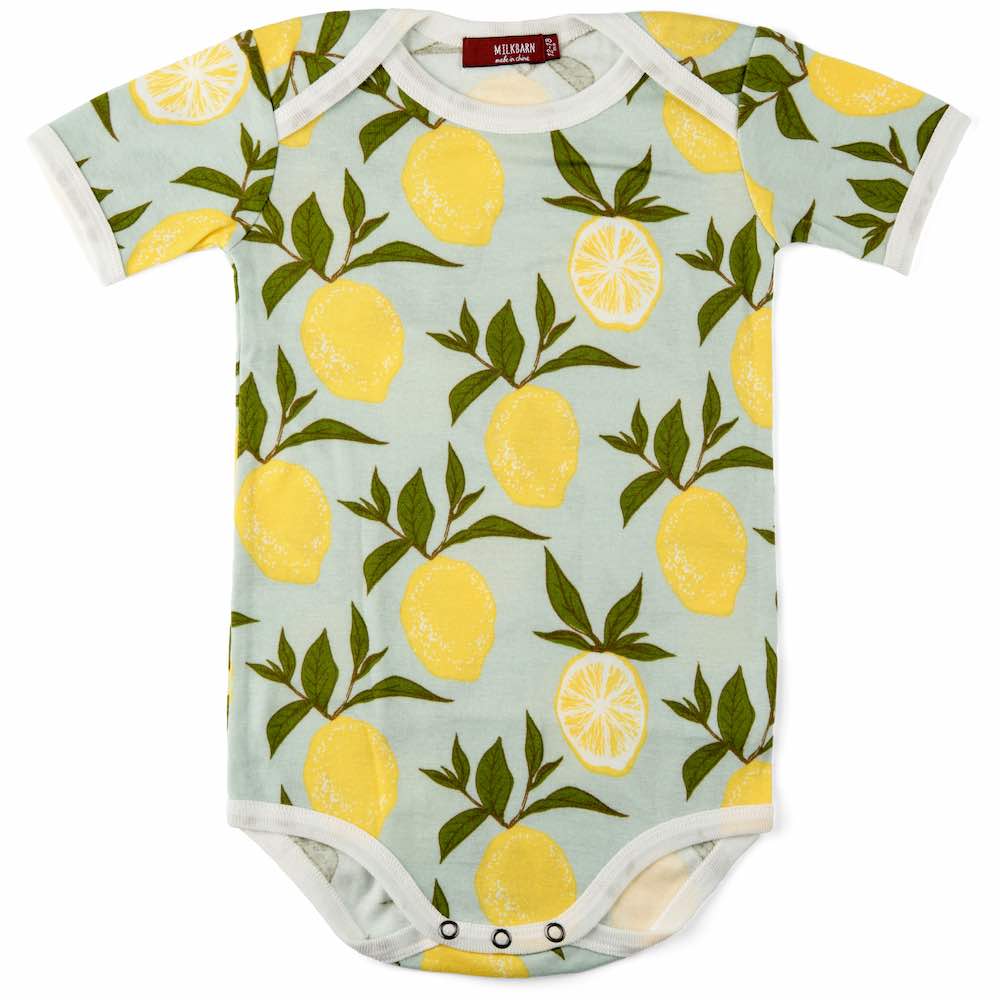 Milkbarn Kids Organic Cotton Baby One Piece or Onesie in the Lemon Citrus Print