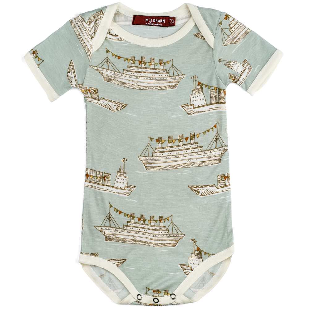 Milkbarn Kids Bamboo Baby One Piece or Onesie in the Blue Ships or Boats Print