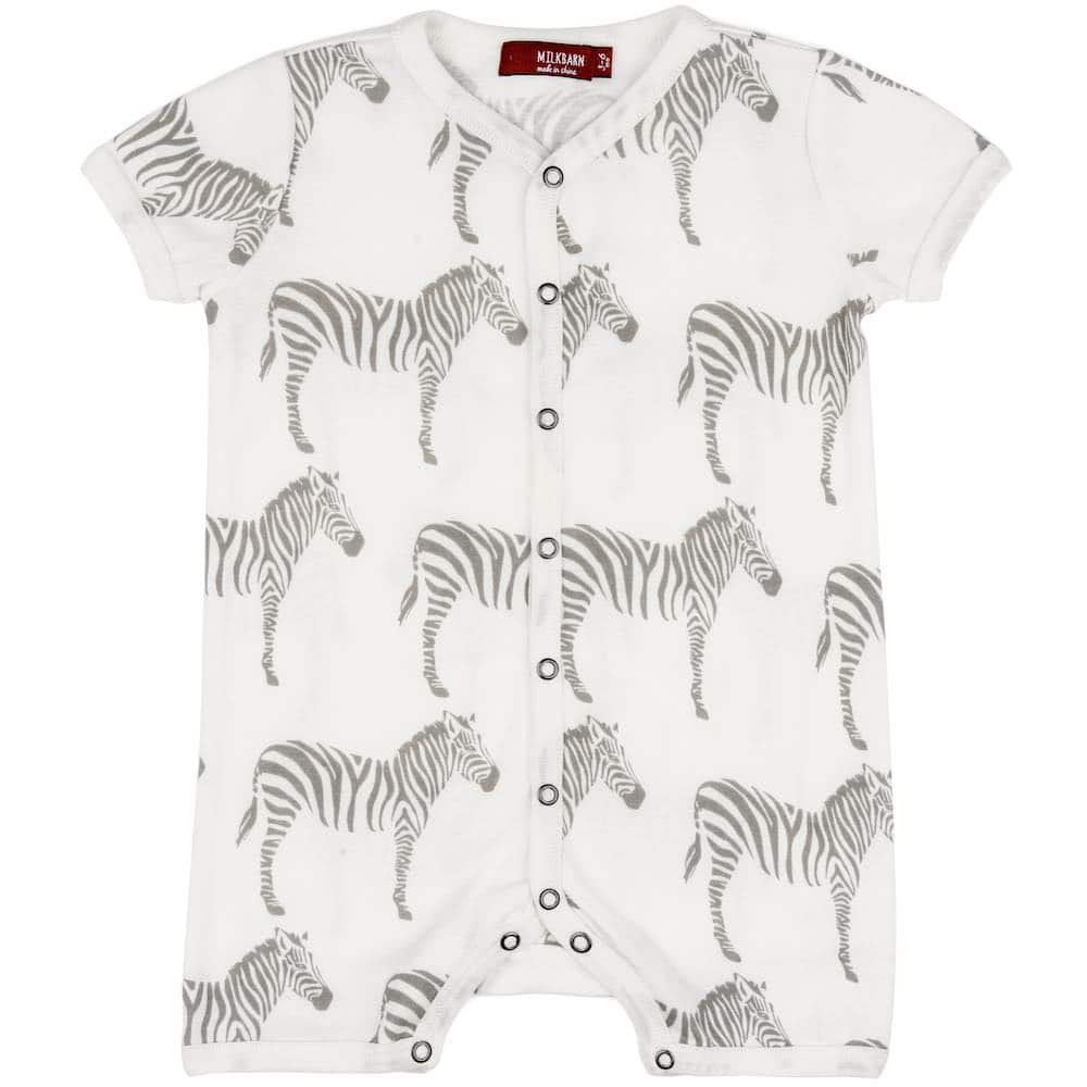 Milkbarn Kids Organic Cotton Baby Shortall, Playsuit or Short Overalls in the Grey Zebra Print