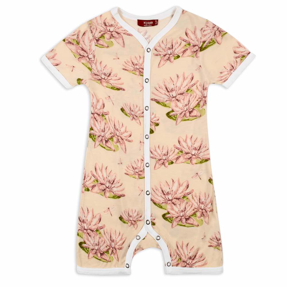 Bamboo Baby Shortall, Playsuit or Short Overalls in the Water Lily Print by Milkbarn Kids