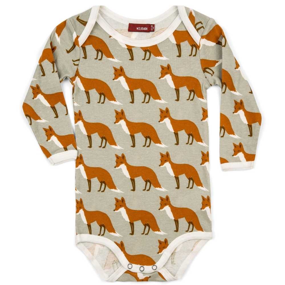 Milkbarn Kids Organic Cotton Baby Long Sleeve One Piece or Onesie in the Orange Fox Print