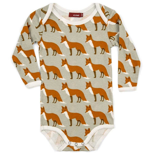 Milkbarn Kids Organic Cotton Baby Long Sleeve One Piece or Onesie in the Orange Fox Print