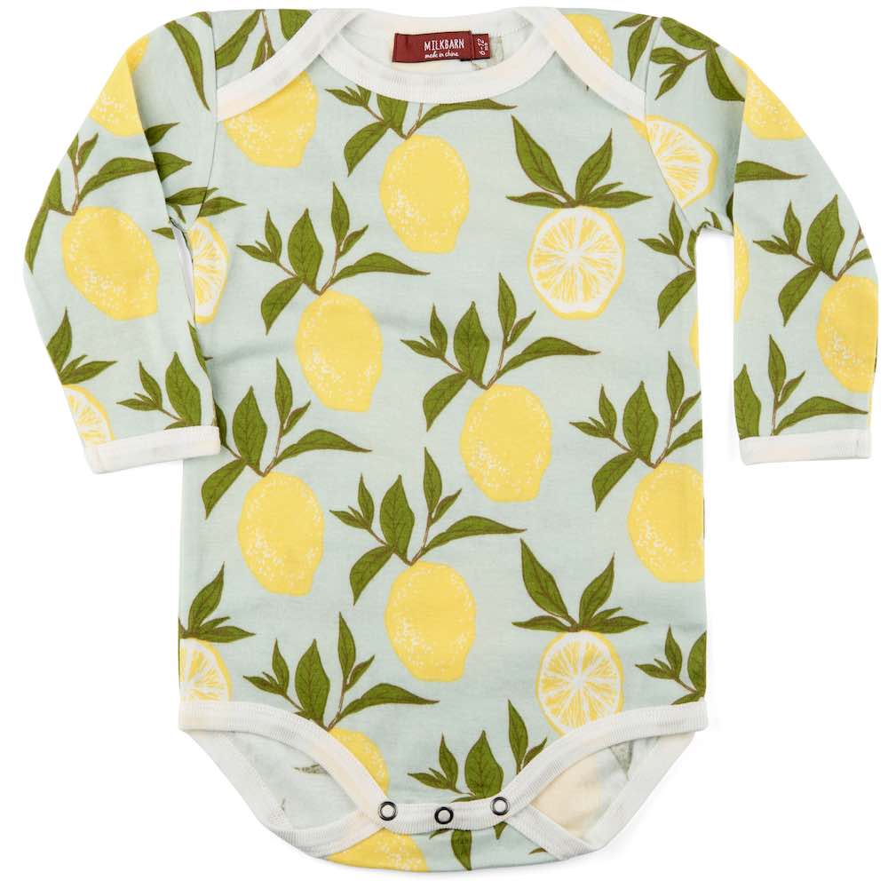 Milkbarn Kids Organic Cotton Baby Long Sleeve One Piece or Onesie in the Lemon Print