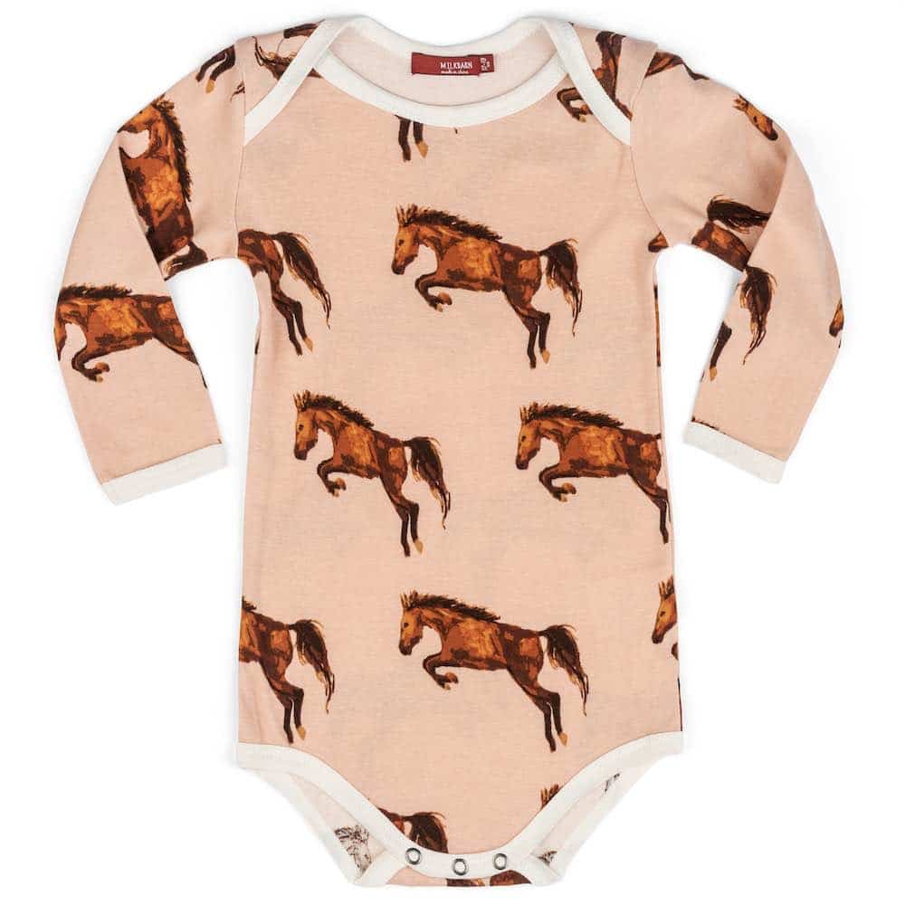 Milkbarn Kids Organic Cotton Baby Long Sleeve One Piece or Onesie in the Horse Print