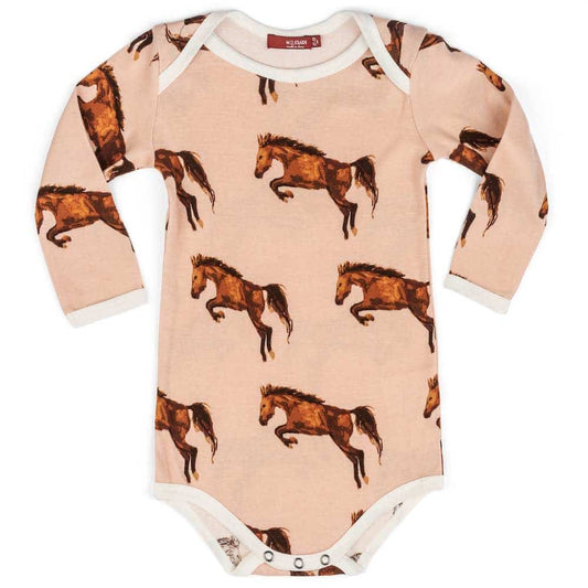 Milkbarn Kids Organic Cotton Baby Long Sleeve One Piece or Onesie in the Horse Print
