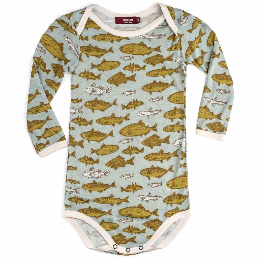 Milkbarn Kids Bamboo Baby Long Sleeve One Piece or Onesie in the Blue Fish Print