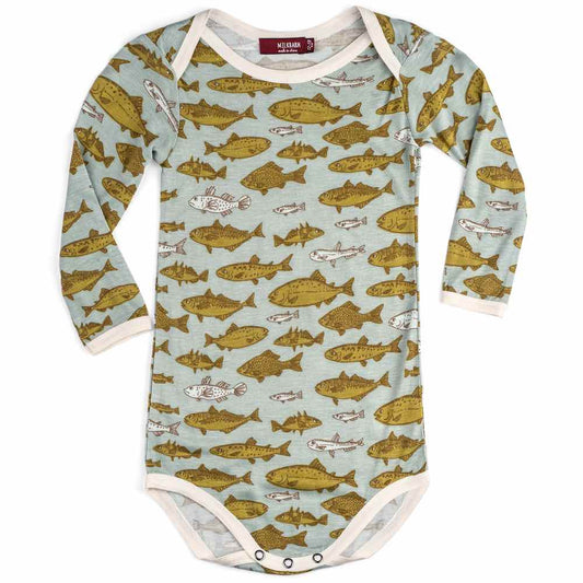 Milkbarn Kids Bamboo Baby Long Sleeve One Piece or Onesie in the Blue Fish Print