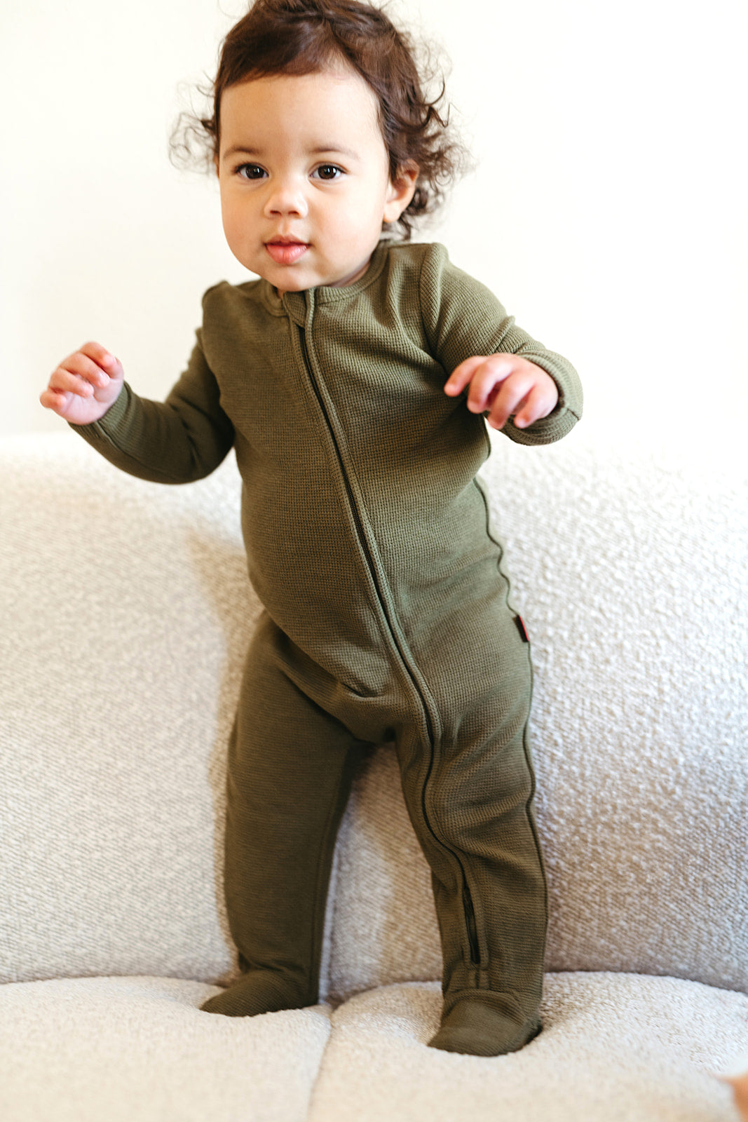 Olive Waffle Zipper Footed Romper