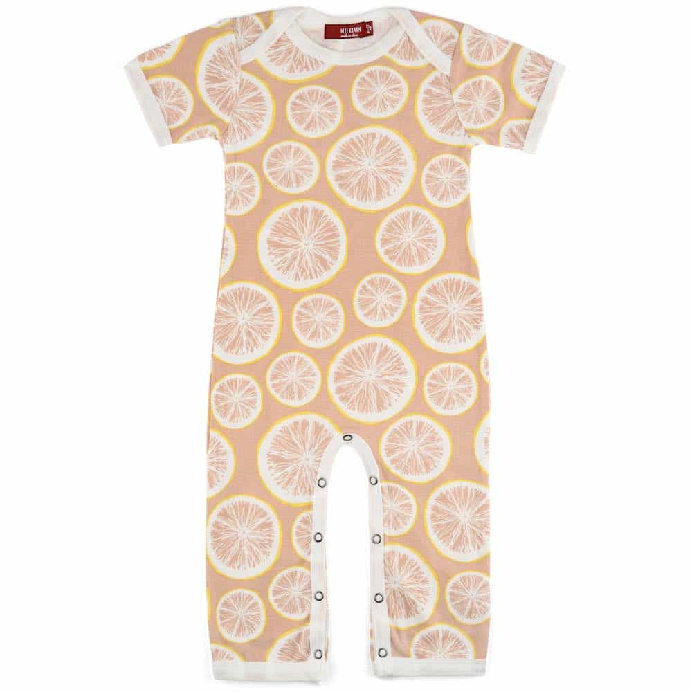 Pale Orange Organic Cotton Romper or Jumpsuit in the Grapefruit Citrus Print by Milkbarn Kids