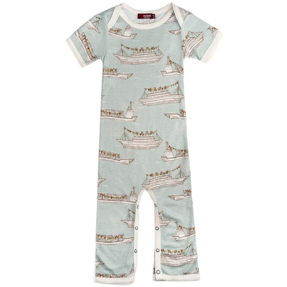Milkbarn Kids Bamboo Romper Jumpsuit in the Blue Ships or Boats Print