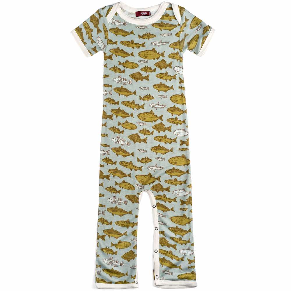 Mint or Muted Green and Blue Bamboo Romper or Jumpsuit in the Blue Fish or Bass Print by Milkbarn Kids