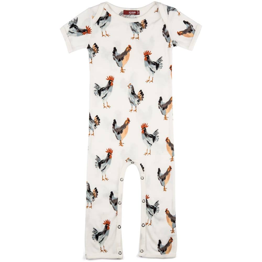 Organic Cotton Romper or Jumpsuit in the Chicken and Rooster Print by Milkbarn Kids