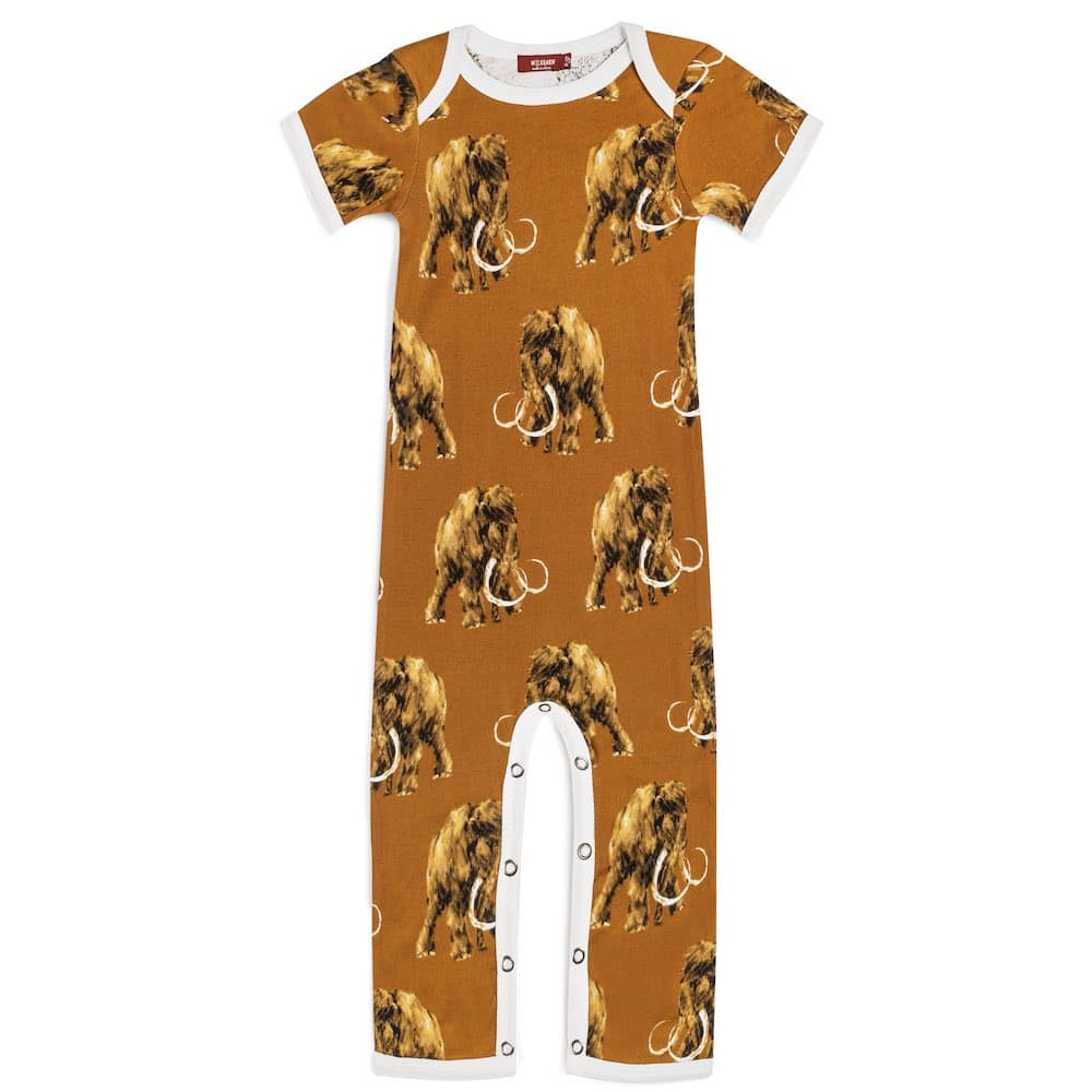 Organic Cotton Baby Romper Jumpsuit in the Woolly Mammoth Wildlife Print by Milkbarn Kids