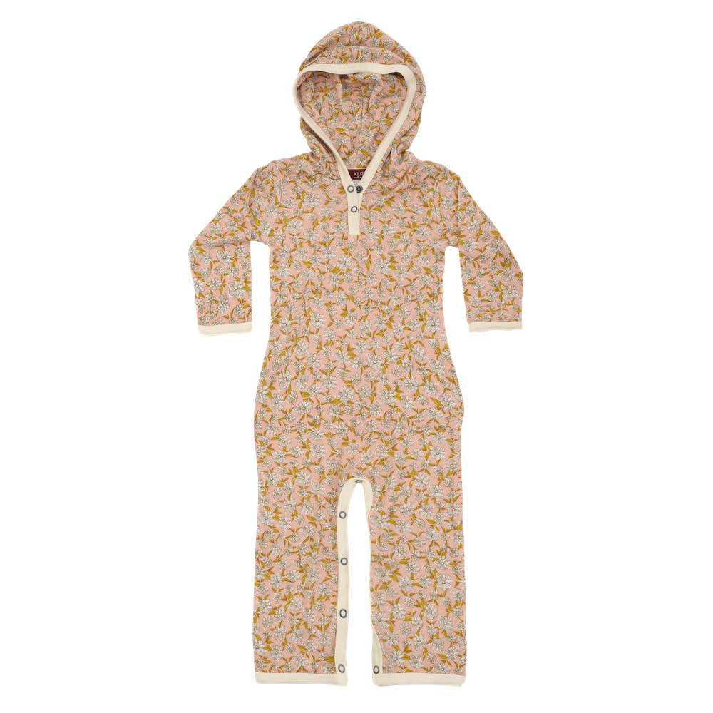 Rose or Light Pink Bamboo Hooded Romper or Jumpsuit in the Rose Floral or Flower Print by Milkbarn Kids
