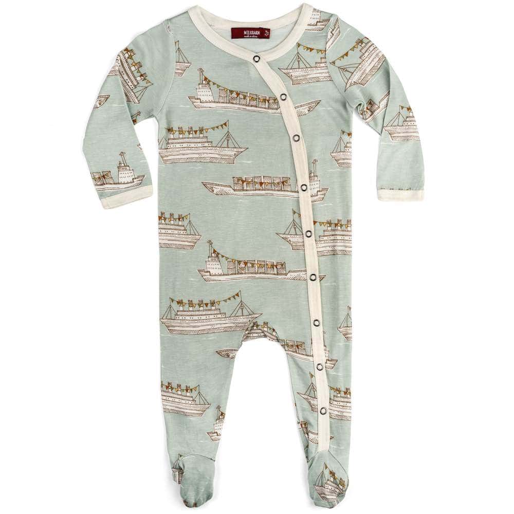 Milkbarn Kids Bamboo Baby Footed Romper Jumpsuit or Footie in the Blue Ships Print