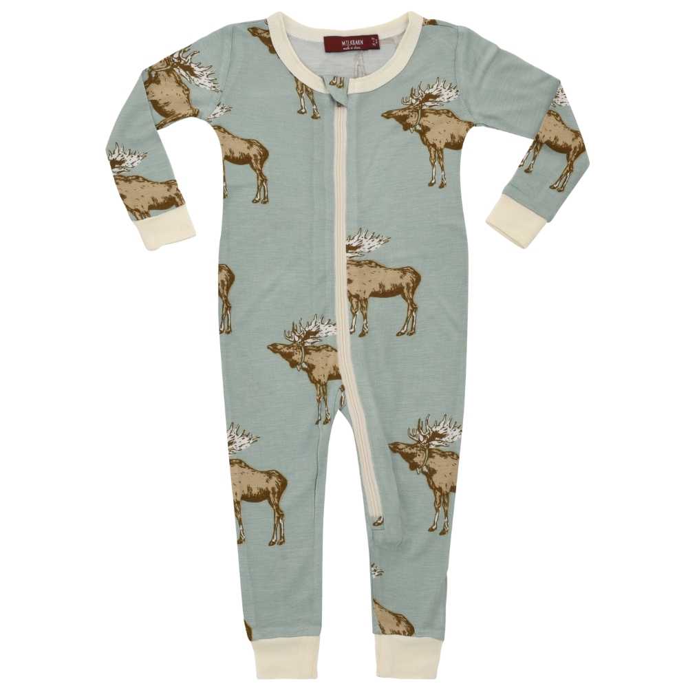 Milkbarn Kids Bamboo Baby Zipper Pajamas or PJs in the Blue Moose Print