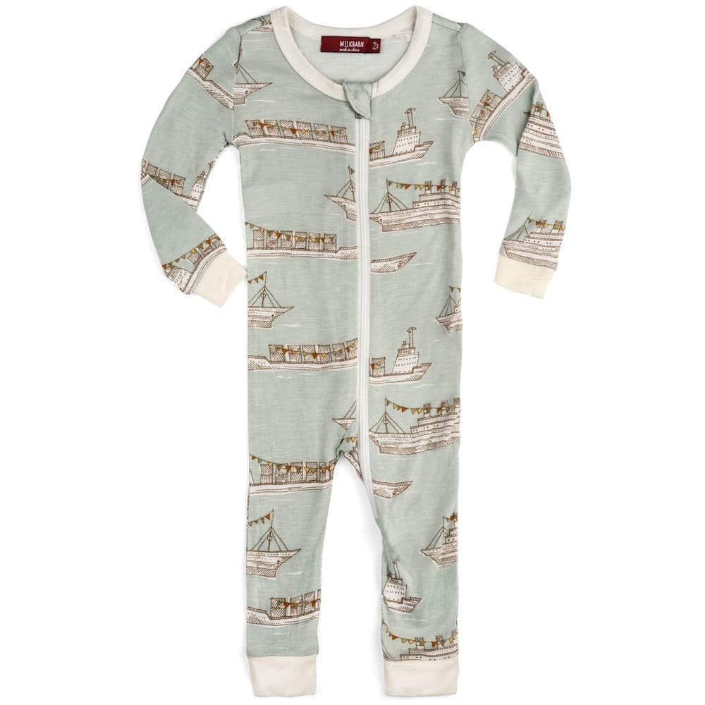 Milkbarn Kids Bamboo Baby Zipper Pajamas or PJs in the Blue Ships Print