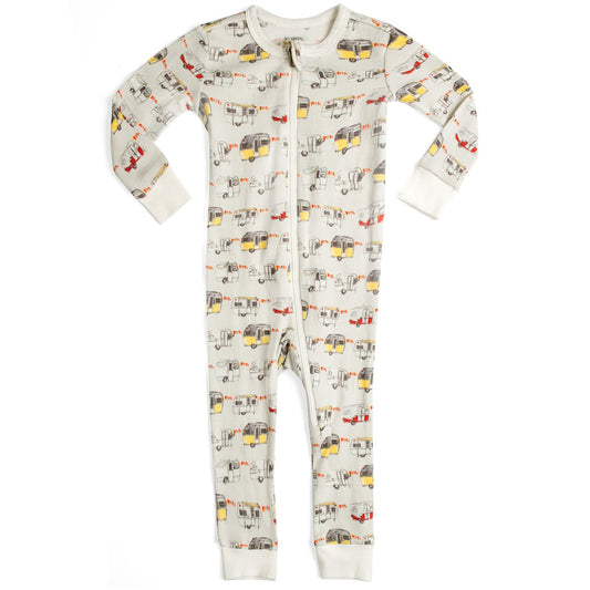 Organic Zipper Pajama in the Vintage Trailers print by Milkbarn Kids