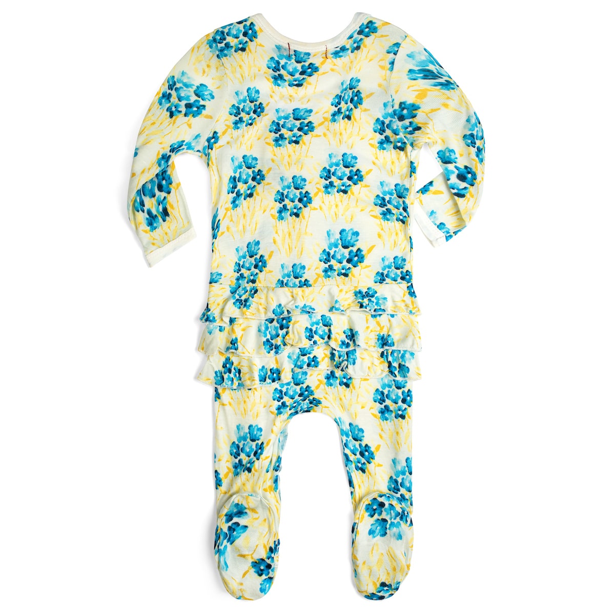 Sky Floral Bamboo Ruffle Zipper Footed Romper Rear