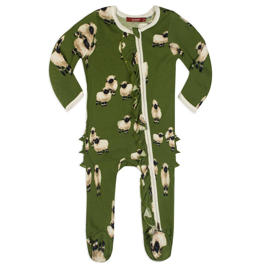 Valais Sheep Ruffle Zipper Footed Romper Front by Milkbarn