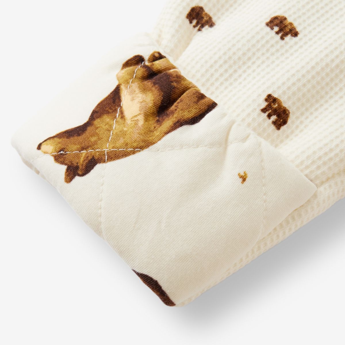 Honey Bear Reversible Waffle Knit Hooded Jumpsuit Quilted Cuff Detail