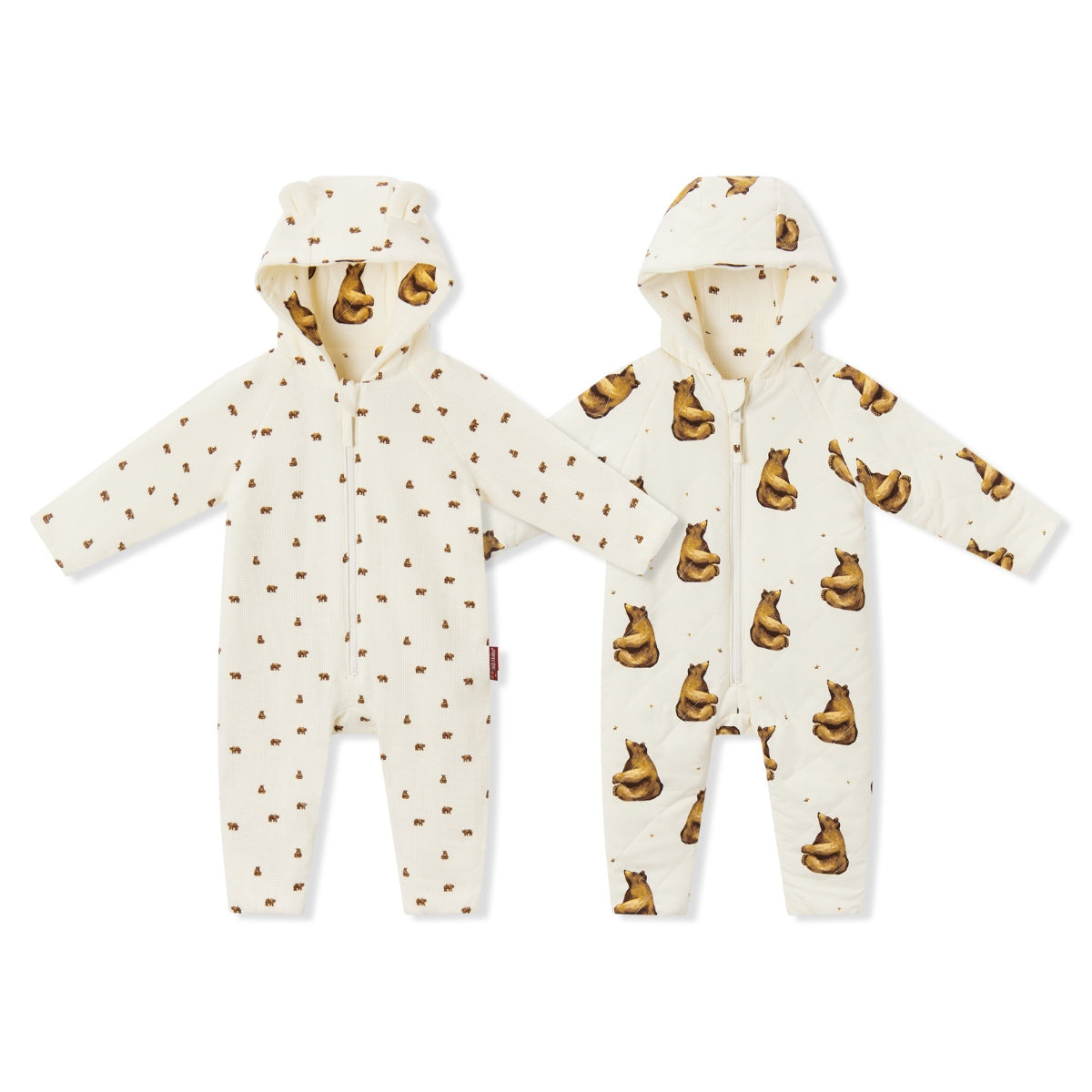 Honey Bear Reversible Waffle Knit Hooded Jumpsuit Side by Side