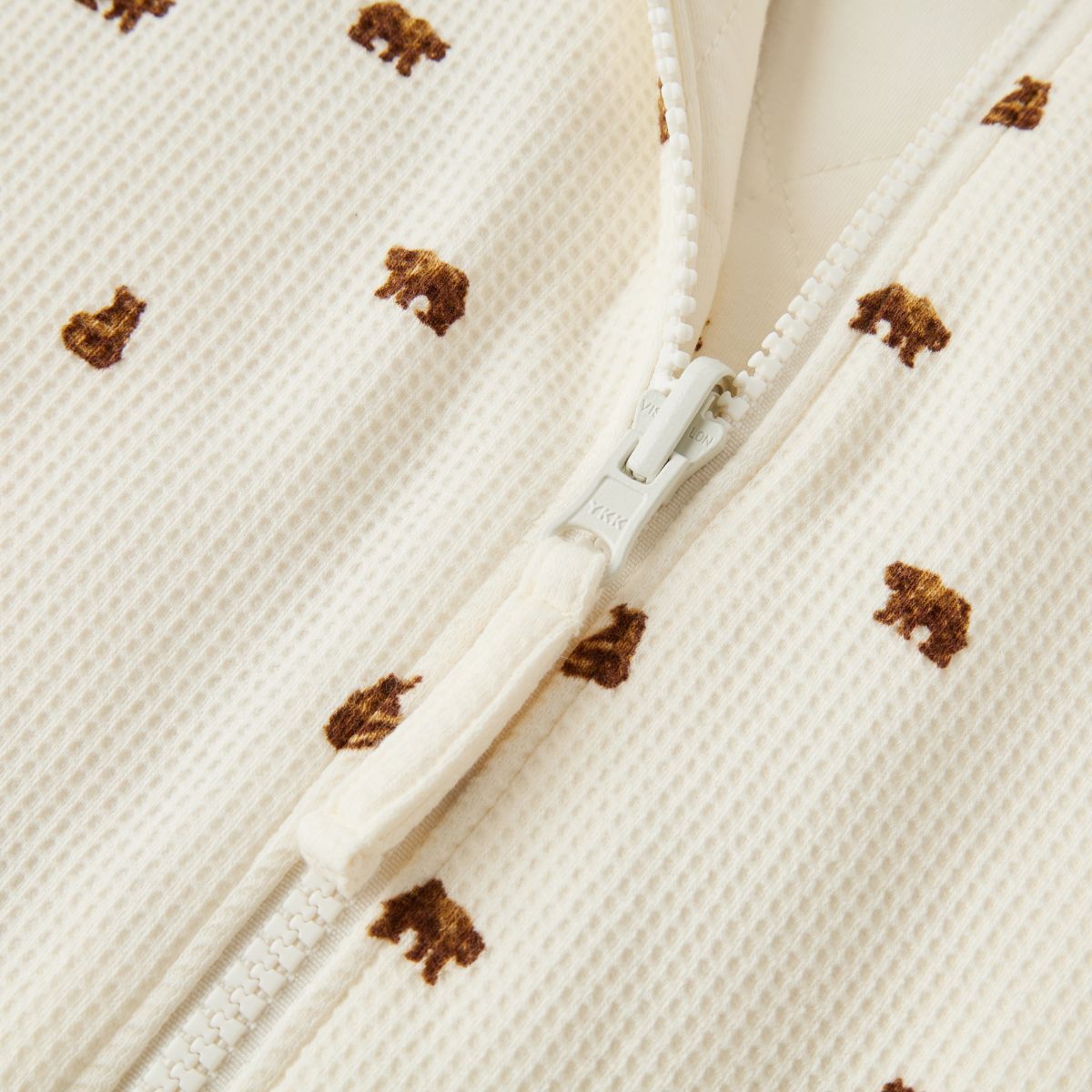 Honey Bear Reversible Waffle Knit Hooded Jumpsuit Waffle Zipper Detail