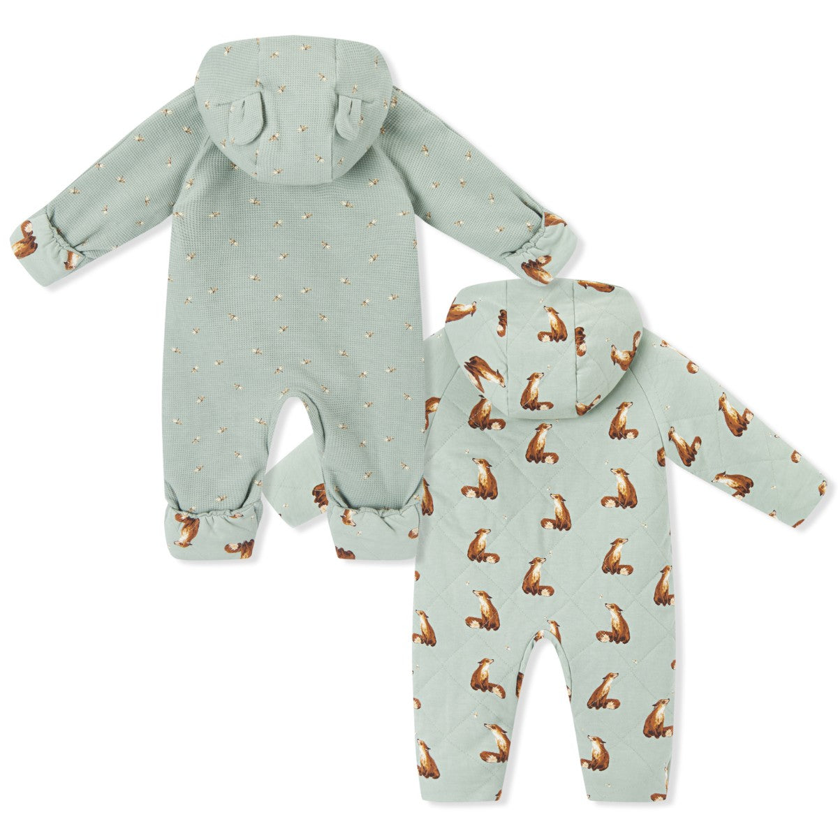 Fox and Dragonfly Reversible Waffle Knit Quilted Hooded Jumpsuit Side by Side Back
