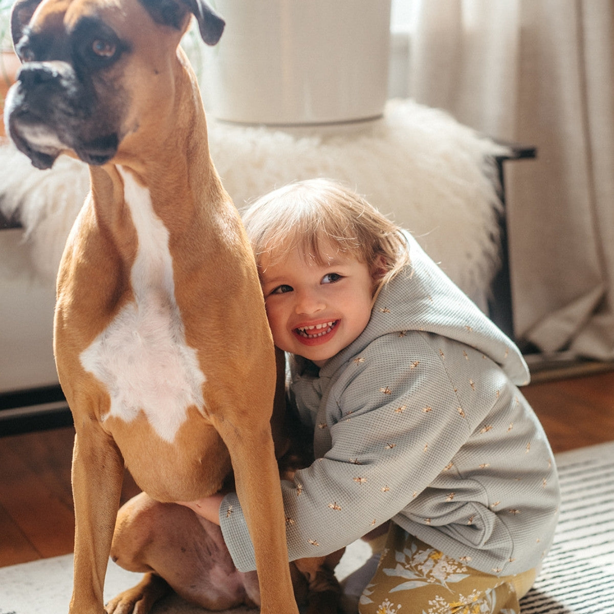 Little girl hugging her boxer dog and wearing the Dragonfly and Fox Reversible Waffle Knit Hooded Jacket