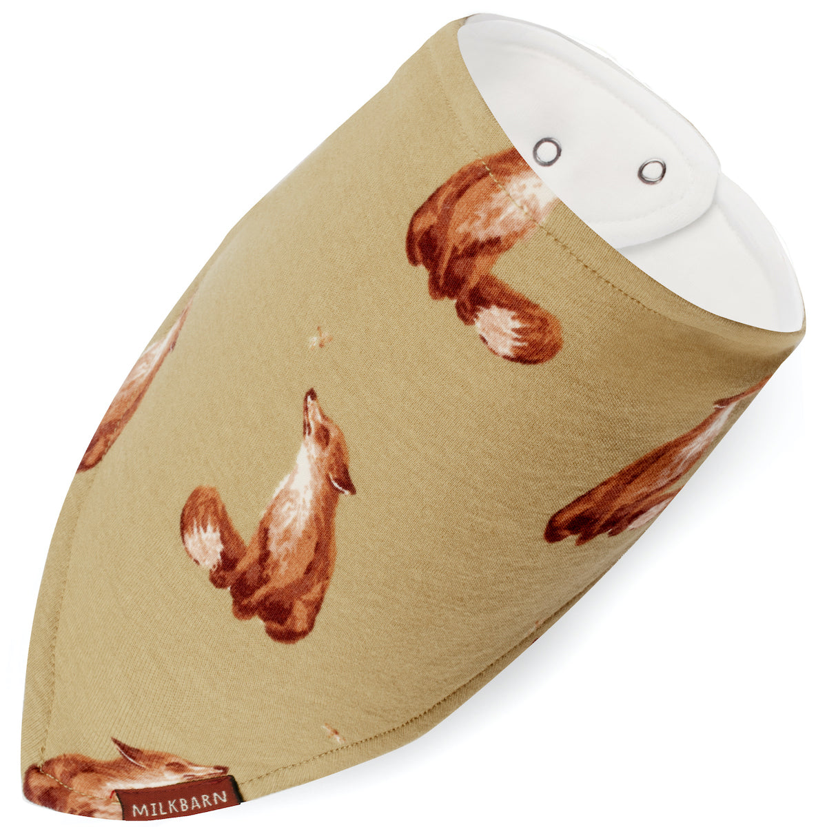 Milkbarn Kids Organic Knit Cotton Kerchief Bib baby Accessories Bib in Gold Fox fabric Front