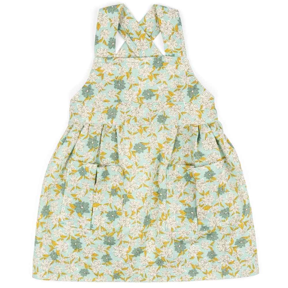 Blue Floral Organic Linen and Cotton Pinafore Apron by Milkbarn Kids