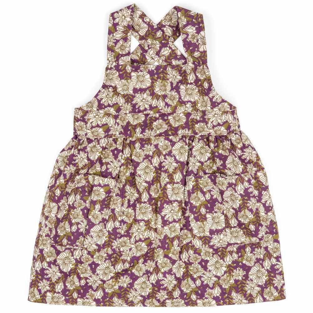 Purple Floral Organic Linen and Cotton Pinafore Apron by Milkbarn Kids