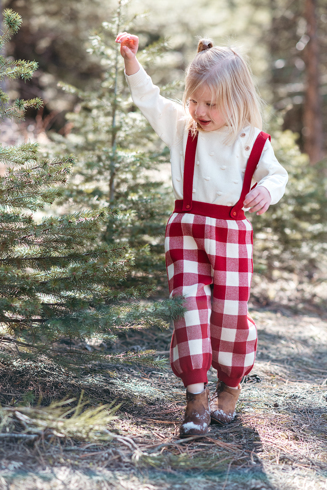 Red Gingham Knit Suspender Pants